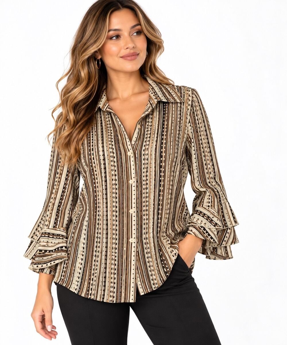Essentials by Milano Geometric Striped Ruffle Sleeve Blouse Size L